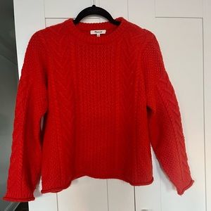 Madewell red, cable knit sweater.